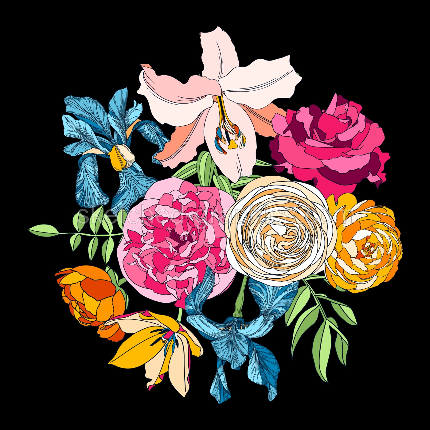 Vector arrange with summer flowers - tulips, iris, rose, lily, ranunculus, peony. Floral composition for greeting card and invitation, event or wedding design. Flowers botanical colorful outlines Illustration